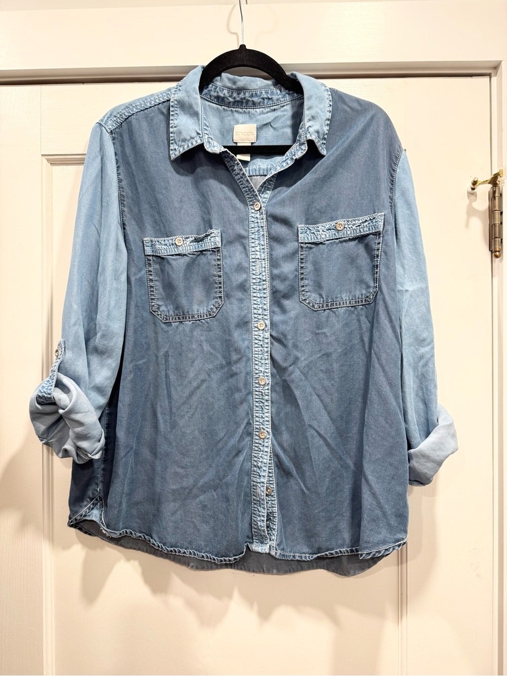 Chicos chambray denim long sleeve Colorblock shirt XL Western Fall Autumn